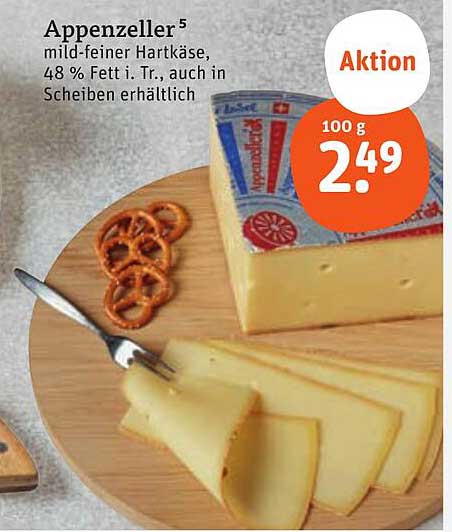 Appenzeller 5 - mild-feiner Hartkäse, 48 % Fett i. Tr., auch in Scheiben erhältlich