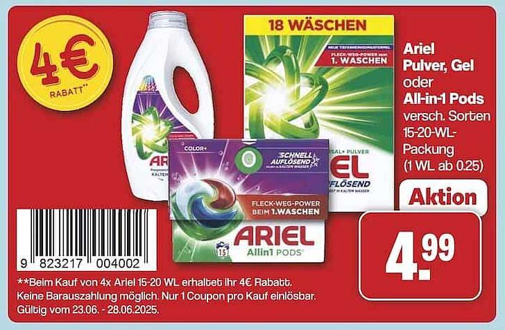 Ariel Pulver, Gel oder All-in-1 Pods, 15-20 WL, nur 4,99 €