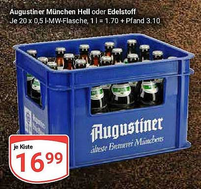 Augustiner München Hell oder Edelstoff – 20 x 0,5 l-MW-Flasche