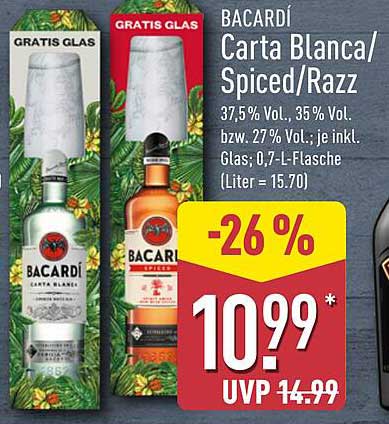 BACARDÍ Carta Blanca/Spiced/Razz mit Gratis Glas