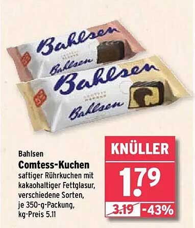 Bahlsen Comtess-Kuchen - saftiger Rührkuchen mit kakaohaltiger Fettglasur, verschiedene Sorten, je 350-g-Packung