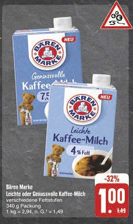 Bären Marke Leichte oder Genussvolle Kaffee-Milch 340 g