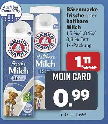 Bärenmarke frische oder haltbare Milch 1,5 %/1,8 %/3,8 % Fett 1-L-Packung