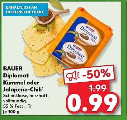 BAUER Diplomat Kümmel oder Jalapeño-Chili, Schnittkäse, herzhaft, vollmundig, 55 % Fett i. Tr. je 100 g