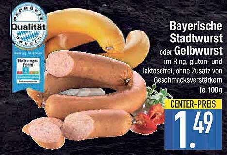 Bayerische Stadtwurst oder Gelbwurst im Ring, gluten- und laktosefrei, ohne Zusatz von Geschmacksverstärkern je 100g