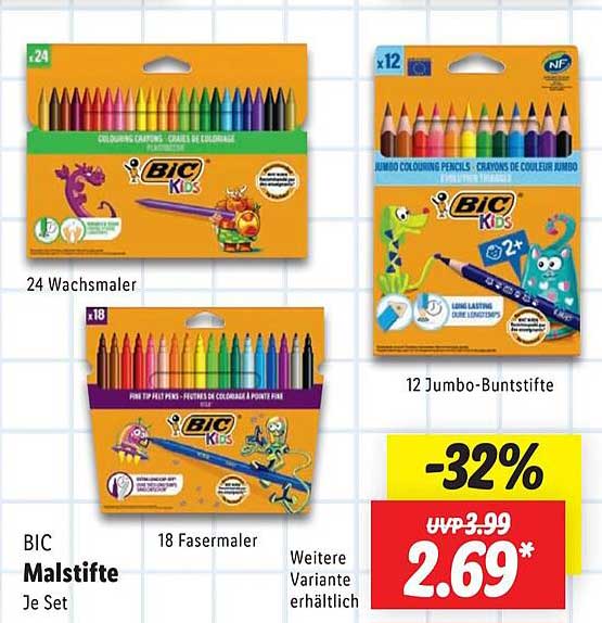 BIC Malstifte Je Set - 24 Wachsmaler, 18 Fasermaler, 12 Jumbo-Buntstifte