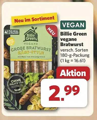 Billie Green vegane Bratwurst, 180-g-Packung