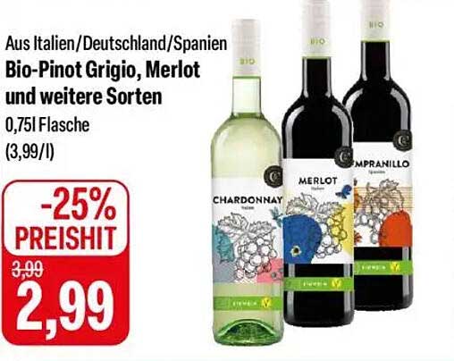 Bio-Pinot Grigio, Merlot und weitere Sorten 0,75L Flasche