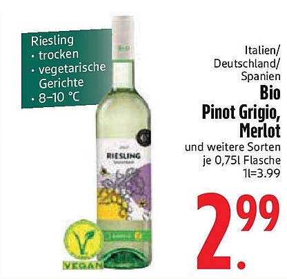 Bio Pinot Grigio, Merlot und weitere Sorten je 0,75L Flasche