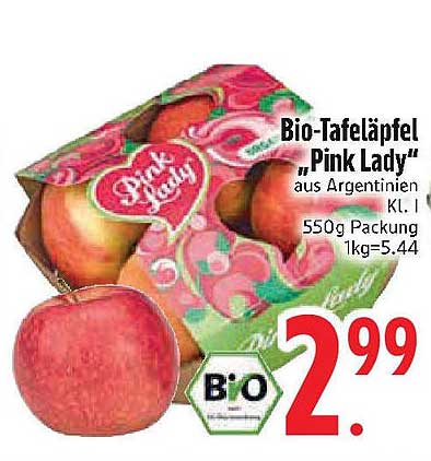 Bio-Tafeläpfel "Pink Lady" aus Argentinien KL. I - 550g Packung