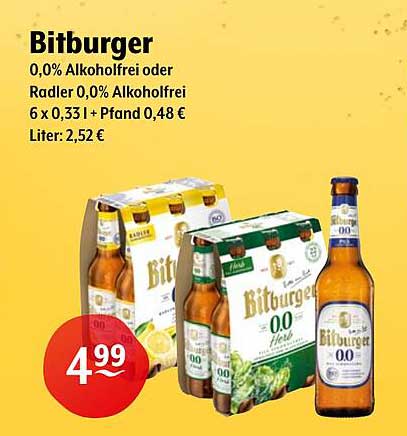 Bitburger 0,0% alkoholfrei oder Radler 0,0% alkoholfrei 6 x 0,33l