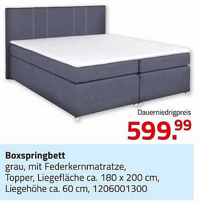 Boxspringbett grau, mit Federkernmatratze, Topper