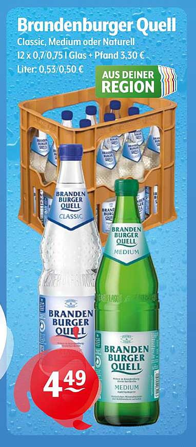Brandenburger Quell Classic, Medium oder Naturell 12 x 0,7/0,75 l Glas + Pfand 3,30 €