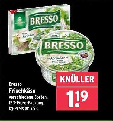 Bresso Frischkäse verschiedene Sorten, 120-150-g-Packung, kg-Preis ab 7.93