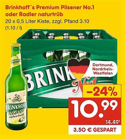 Brinkhoff’s Premium Pilsener No.1 oder Radler naturtrüb 20 x 0,5 Liter Kiste