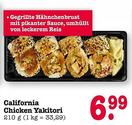 California Chicken Yakitori – Gegrillte Hähnchenbrust mit pikanten Sauce, umhüllt von leckerem Reis