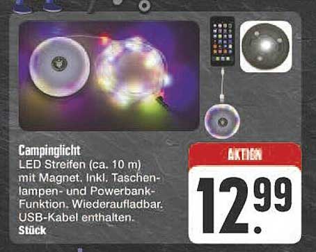 Campinglicht LED Streifen 10 m mit Magnet inkl. Taschenlampen- und Powerbank-Funktion