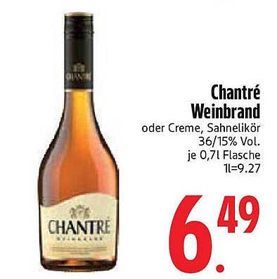 Chantré Weinbrand oder Creme, Sahnelikör 36/15% Vol. je 0,71 Flasche 11l=9,27
