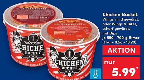 Chicken Bucket Wings, mild gewürzt, oder Wings & Bites, scharf gewürzt mit Dips