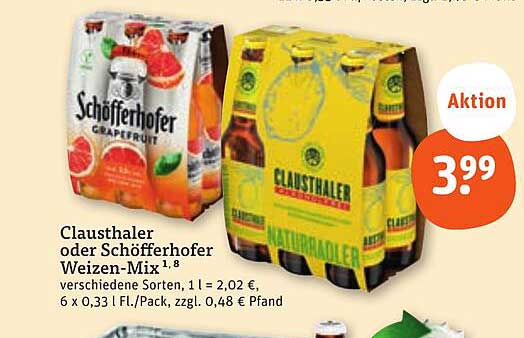 Clausthaler oder Schöffehofer Weizen-Mix 6 x 0,33 l für 3,99 €