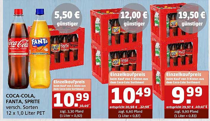 Coca-Cola, Fanta, Sprite - 12 x 1,0 Liter PET für nur 10,99 €