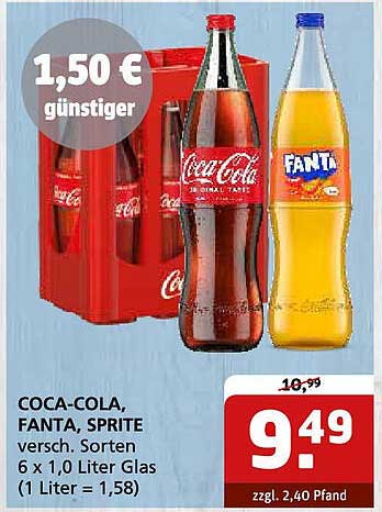 Coca-Cola, Fanta, Sprite - 6 x 1,0 Liter Gläser
