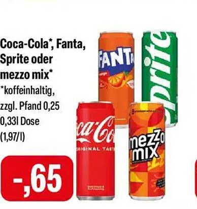 Coca-Cola, Fanta, Sprite oder Mezzo Mix - 0,33 l Dose