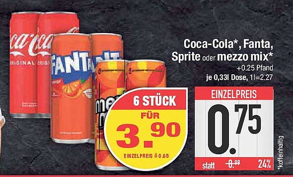 Coca-Cola*, Fanta, Sprite oder mezzo mix – 6 Stück für nur 3,90 €