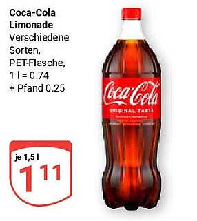 Coca-Cola Limonade - Verschiedene Sorten, PET-Flasche, 1 L = 0,74 € + Pfand 0,25 €
