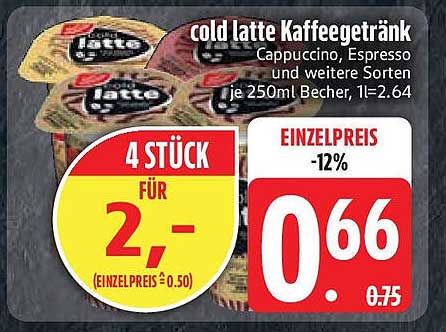cold latte Kaffeegetränk Cappuccino, Espresso und weitere Sorten, je 250ml Becher