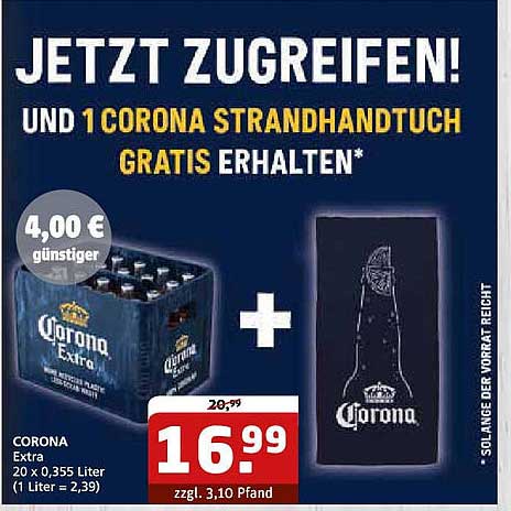 Corona Extra 20 x 0,355 Liter mit gratis Strandhandtuch