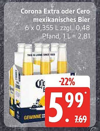 Corona Extra oder Cero mexikanisches Bier - 6 x 0,355 L
