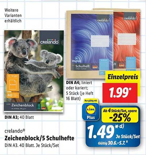 crelando® Zeichenblock und Schulhefte im Set