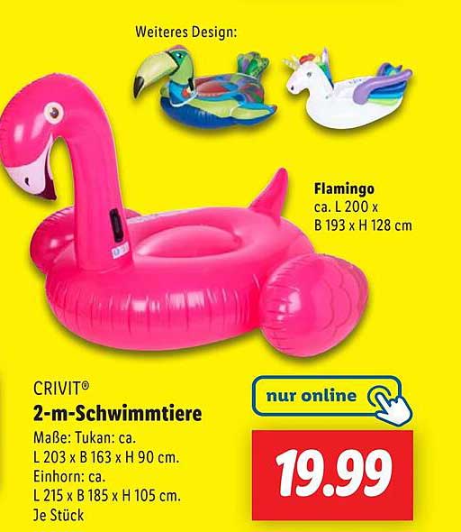 CRIVIT® 2-m-Schwimmtiere – Flamingo, Tukan & Einhorn