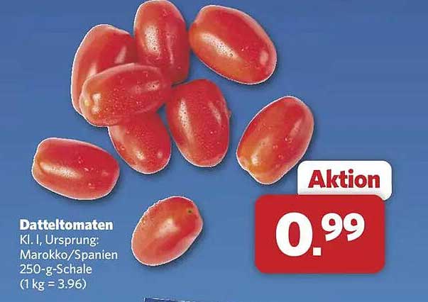Datteltomaten - Kl. I, Ursprung: Marokko/Spanien, 250-g-Schale