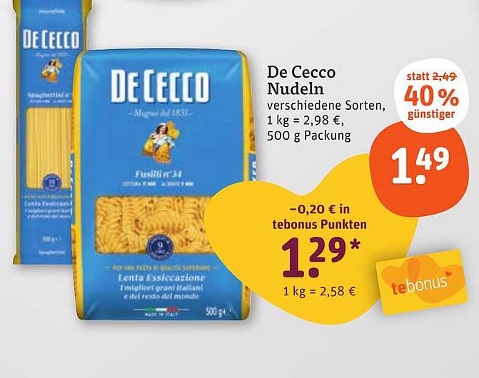 De Cecco Nudeln verschiedene Sorten, 500 g Packung