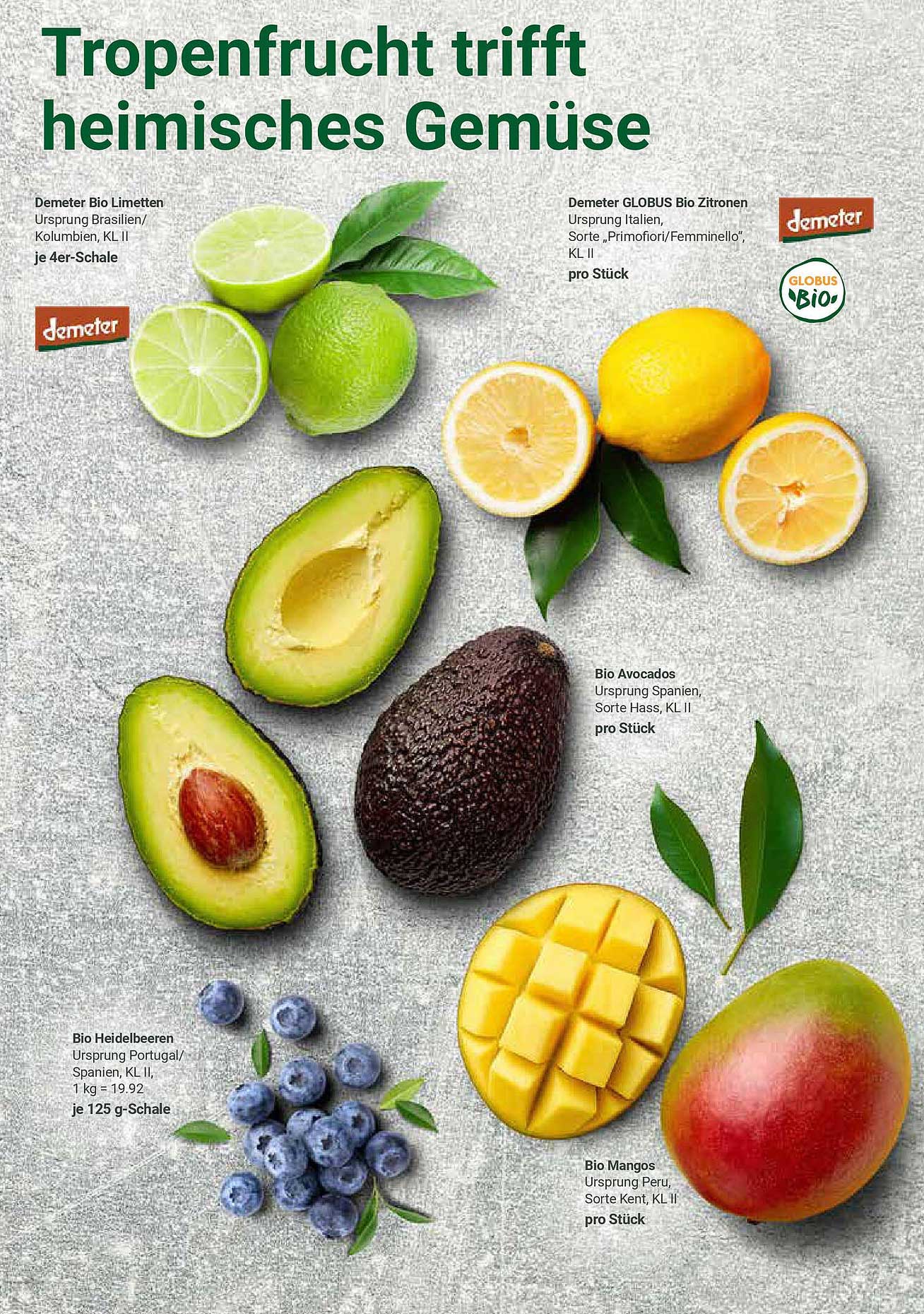 Demeter Bio Limetten, Zitronen, Avocados, Heidelbeeren und Mangos