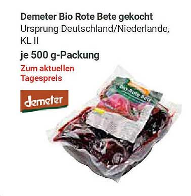Demeter Bio Rote Bete gekocht, 500 g-Packung