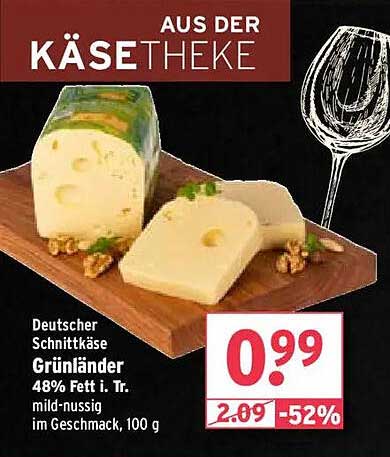 Deutscher Schnittkäse Grünländer 48% Fett i. Tr., mild-nussig im Geschmack, 100 g
