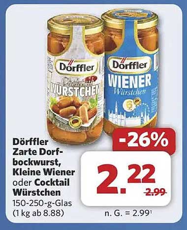 Dörffler Zarte Dorfbockwurst, Kleine Wiener oder Cocktail Würstchen 150-250 g-Glas