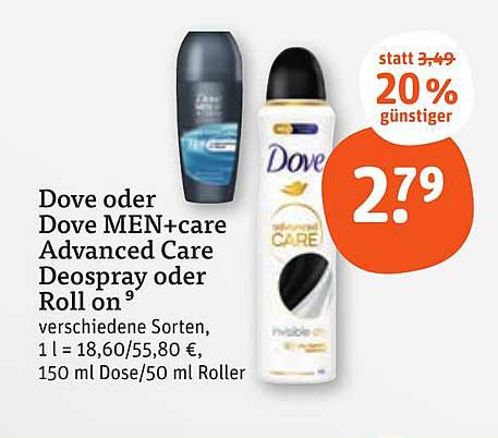 Dove oder Dove MEN+care Advanced Care Deospray oder Roll on