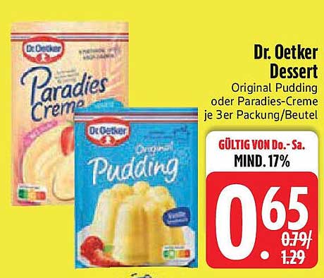 Dr. Oetker Dessert - Original Pudding oder Paradies-Creme je 3er Packung/Beutel