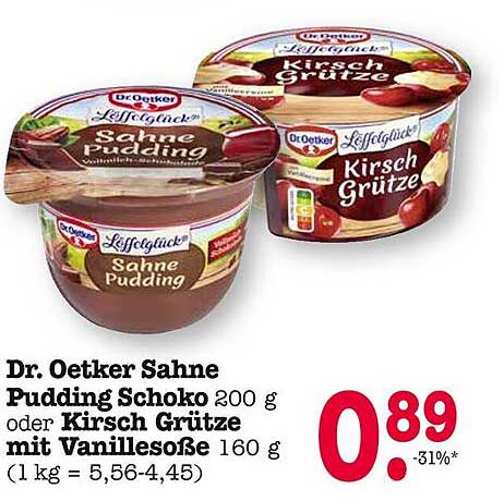 Dr. Oetker Sahne Pudding Schoko 200 g oder Kirsch Grütze mit Vanillesoße 160 g
