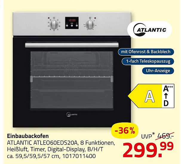Einbaubackofen ATLANTIC ATLE060EDS20A, 8 Funktionen, Heißluft, Timer, Digital-Display