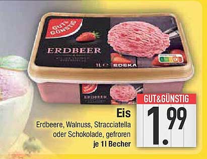 Eis Erdbeer, Walnuss, Stracciatella oder Schokolade, gefroren je 1 l Becher
