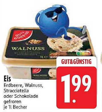 Eis Erdbeere, Walnuss, Stracciatella oder Schokolade je 1 l Becher