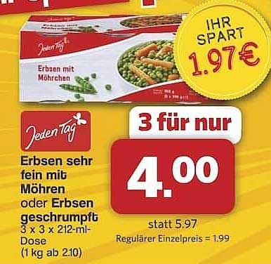 Erbsen sehr fein mit Möhren oder Erbsen geschrumpft 3 x 3 x 212-ml-Dose