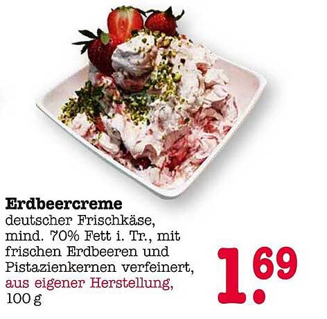 Erdbeercreme deutscher Frischkäse, mind. 70% Fett i. Tr., mit frischen Erdbeeren und Pistazienkernen verfeinert, aus eigener Herstellung, 100 g