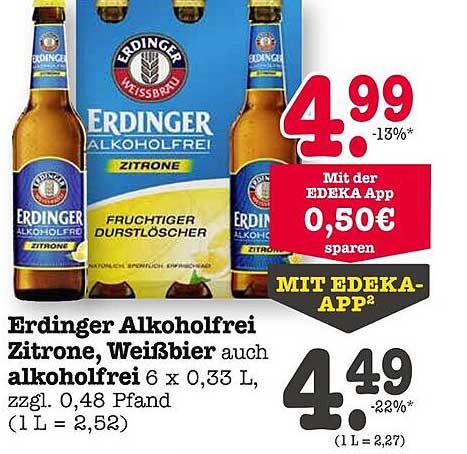 Erdinger Alkoholfrei Zitrone, Weißbier 6 x 0,33 L