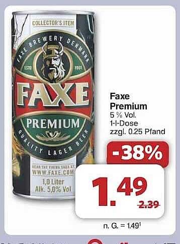 Faxe Premium Lagerbier 1l Dose - Jetzt nur 1,49 €!